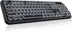 Typewriter Keyboard with Faux Leather Panel, Wireless 2.4G/Bluetooth/Wired USB-C, Aesthetic Mechanical Gaming Keyboard 104-Key Clicky Blue Switch, Retro Round Keycap, White LED Backlit, Black