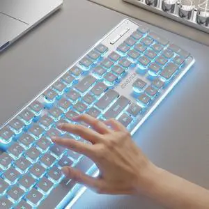 EWEADN X7S Wireless Keyboard with Blue Backlit, Metal Panel, Bluetooth/2.4G Rechargeable Computer Keyboard Silent Light up Full Size Cute Keyboards for Win & MAC-White