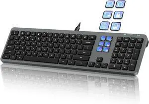 Wired Keyboard with 60 Programmable Keys for Windows, Customizable LCD Shortcuts, Silent Typing, USB-A, Number Pad, Minimalist Backlighting, Magnetic Stand, for Graphic Design, Adobe, MS Office-Grey