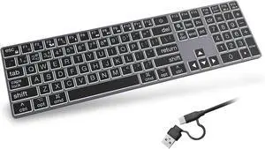 Large Print Aluminum Bluetooth Keyboard for Mac,7 Backlit Computer Wired Keyboard with Numeric Keypad for Ipad,Full Size Slim Quiet,for iMac, MacBook Pro/Air- Space Gray