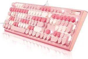 Cute Pink Keyboard Wired, with White Backlit Typewriter, Volume Knob, Light Switch Button, and Foldable Stands, Full Size with Number Pad for Computer PC Lapto