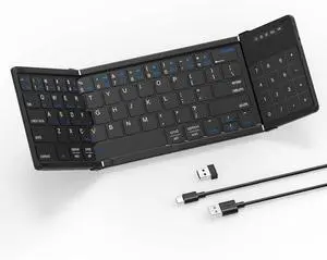MOSHOU Foldable Keyboard with Touchpad, Wireless Portable BT 5.1 Travel Keyboard with 2 in 1 Numeric Keypad/Touch Pad Full-Size 2.4G Receiver Support 3 Devices for Android iOS Windows Mac OS (Black)