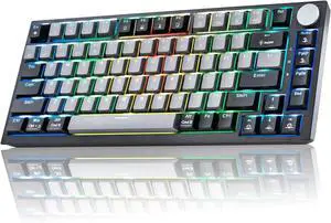 WJX Wireless Mechanical Keyboard 75% Wireless Gaming Keyboard with Volume Knob, RGB Backlit Computer Clicky Keyboards, Hot Swappable Mechanical, USB C/2.4GHz/BT5.0 Gasket Red Switch PBT KeycapsGrey