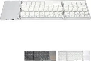 GOWENIC 63 Keys Foldable Bluetooth Keyboard with Touchpad, for for iOS for Android, B033 Metal Slim Mini Folding Keyboard,Portable Mini BT Rechargable Keyboard(Silver)