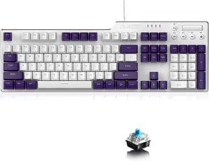 Lomiluskr Wired Mechanical Gaming Keyboard, 104 Keys and 6 Media Keys Anti-Ghosting, 2 Colors PBT Keycap, Hot-swappable Switch, Elegant White Backlight, Aluminum Panel (Purple&White, Blue Switch)