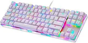 USB Wired Ergonomic Mechanical Gaming Keyboard with 9 Backlight Modes, 87 Keys, 12 Multimedia Function Keys, Blue Switch for PC/Laptop (White)