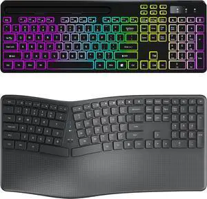 2 Pack Wireless Keyboard with 7-Color RGB Backlit & Ergonomic Wireless Keyboard with Wrist Rest, Full-Size Keyboard with Multimedia Shortcuts, Comfortable Natural Typing for Windows, Mac