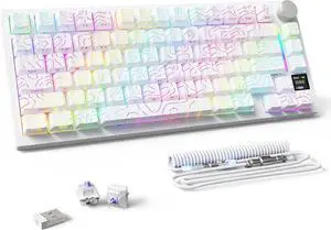 ATTACK SHARK X820 Ultra Wireless Mechanical Keyboard with TFT Smart Display&Knob,75% Bluetooth/2.4GHz/USB-C Wired Gaming Keyboard,Gasket-Mounted Linear Switch with Coiled Cable,for Win/Mac-White