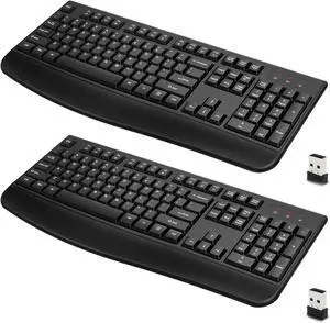 2 Pack Wireless Keyboards, 2.4G Full-Sized Ergonomic Wireless Computer Keyboard with Wrist Rest for Windows, Mac OS Laptop/PC/Desktop/Notebook