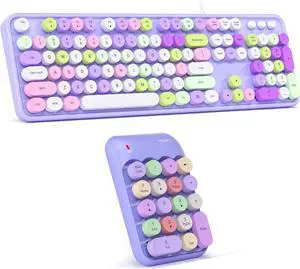 Computer Keyboard Wired/Wireless Number Pads,Plug and Play USB Retro Round Typewriter Keyboard, Full Size Wired Keyboard with Foldable Stands for Laptop and Office PC- Purple Colorful