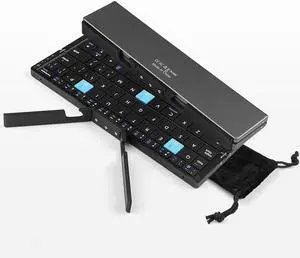 Foldable Keyboard, Portable Keyboard with Universal Stand, Pocket Size Tri BT Keyboard, Fast Rechargable Keyboard for Pad, Phone, Laptop and Table (Black Gray)