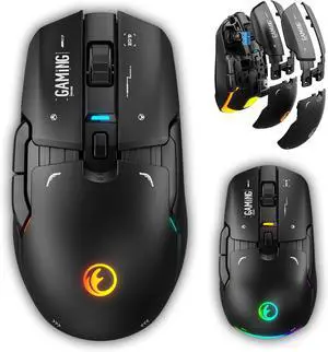G03 RGB Wireless Rechargeable Gaming Mouse, 2.4G/Wired Dual Mode Game MicePAW3395 Sensor, 26K DPI, Replaceable L/R Switches, Swappable Top Case, 80g Lightweight, 6 Programmable Buttons - Black