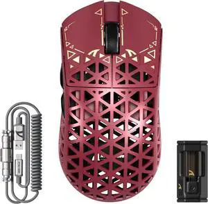 ATTACK SHARK R5 Ultra Wireless Gaming Mouse,39g Superlight Carbon Fiber Hollowed-Out,PAW3950MAX Optical Sensor Nordic 52840 MCU 8K Polling 42K DPI,Tri-Mode Programmable Mice with Coiled Cable-Red