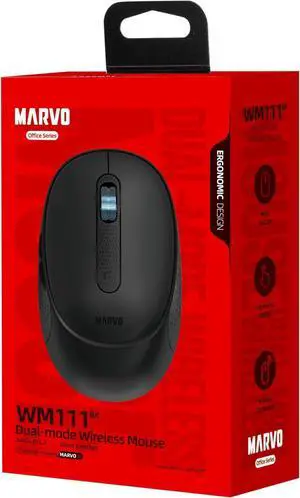 MARVO WM111-BK Wireless Mouse, Dual Mode Bluetooth 5.2 and 2.4 GHz, 6 Programmable Buttons, 1600 DPI, Rechargeable