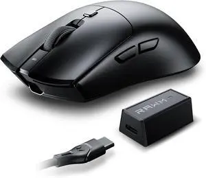 RAWM Wireless 8K Lightweight Gaming Mouse, PAW3395 Optical Sensor, 26000 DPI, MCU Nordic 52840, 600mAh Rechargable Battery, Customizable Symmetrical Mice (Black, 8K Receiver)