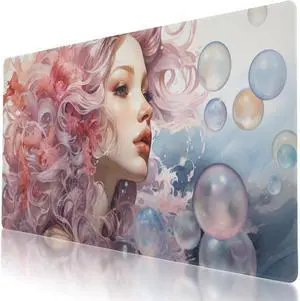 Mermaid Blowing Bubbles Inspired Design, Large Mouse Pad 35.5 x 16 Inch, Non-Slip Base, Stitched Edges, Perfect for Gaming or Office
