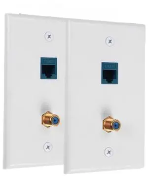 2 Pack Ethernet Coax Wall Plate Jack with 1 6S Port and 1 Gold Plated Coax F-Type Port RJ45 Wall Plate 2 Pack Ethernet Coax Wall Plate Jack with 1 6S Port and 1 Gold Plated Coax F-Type Port RJ45 Wall Plate