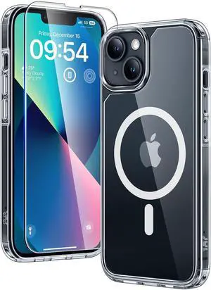 TAURI 3 in 1 Magnetic for iPhone 13 Case, [Compatible with MagSafe] [with 2X Screen Protectors] Not-Yellowing, Military-Grade Protection Slim Phone Case for 13 Cover, Clear, 6.1"
