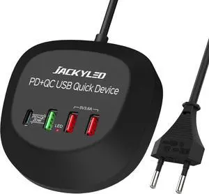 USB Charger Hub with Quick Charge 3.0 JACKYLED 4 USB Ports Portable Fast Charging Station for Multiple Devices Compatible with iPhone iPad Galaxy Home Office Nightstand Desktop Travel Cruise Black