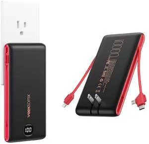 VEEKTOMX Portable Charger with Built in Cables 10000mAh, Power Bank for iPhone with AC Wall Plug, Fast Charging USB C Slim Battery Pack with LED Display Compatible with iPhone16/15/14/13, Samsung