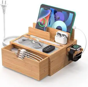 Bamboo Charging Station for Multi Device with Power Charger & Cables Nightstand Docking Station with Lined Tray & Drawer Compatible with Tablet Cell Phones