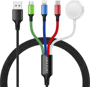 Upgraded Travel Essentials for Apple Watch Charger 4 in 1 Multi Charging Cable iWatch Charger Camping Essentials USB C/L/Micro Compatible with iWatch Series 10-1/SE/iPhone 16 15/Galaxy Android-4FT