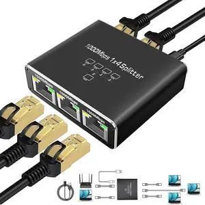Gigabit Ethernet Splitter 1 to 4 High Speed, 1000Mbps LAN Splitter (4 Devices Simultaneous Networking), RJ45 Splitter Adapter with USB Power Cable, Internet Splitter for Cat5/5e/6/7/8 Cable