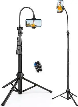 Phone Tripod, 85" Tall Tripod for iPhone with Gooseneck and Remote, Overhead Phone Stand for Recording Watching Cooking Fitness Vlog, Compatible with iPhone Android, Black