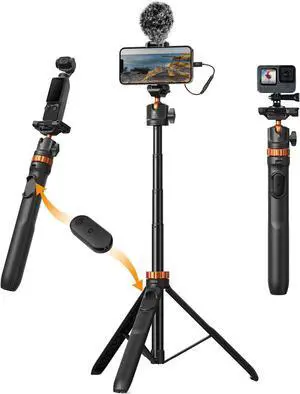 K&F CONCEPT 62'' Phone Selfie Stick Tripod, 2-in-1 Lightweight Extendable Cell Phone Tripod Stand with Remote, Compatible with GoPro MAX2/Insta360 X5X4/DJI OSMO 360 Pocket 3 iPhone 17.