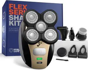 FlexSeries Electric Head & Body Hair Shaver - Mens Cordless Rechargeable Wet/Dry Skull Bald Head Back & Groin Waterproof Razor with Rotary Blades, Clippers, Nose Trimmer, Brush, Massager