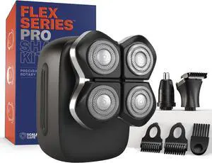 FlexSeries Pro Electric Head & Body Shaver - Mens Cordless Rechargeable Wet/Dry Skull Bald Head Back & Groin Waterproof Razor with Rotary Blades, Clippers, Nose Trimmer, Brush, Massager