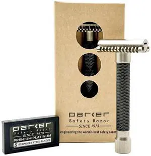 Parker THE VARIANT OPEN COMB - ADJUSTABLE Double Edge Safety Razor, Customize your Shave with a Turn of the Dial from Mild to Aggressive - 5 Blades Included (Graphite Gray)