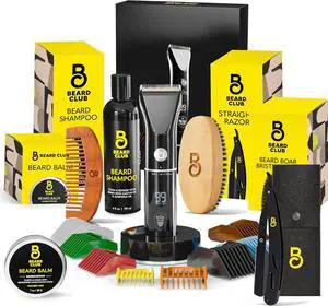 The Beard Club Men's Grooming Kit with Professional Cordless Electric Rechargeable Hair & Mustache/Beard Trimmer, Straight Edge Razor, Shampoo, Balm, Brush & Comb Gift Set