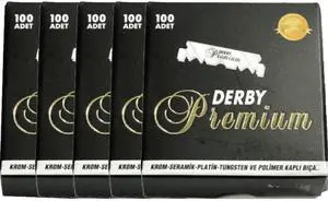 Derby Premium Single Edge Razor Blades, Razor Blades, Single Edge, Ultra Sharp, Chromium - Ceramic - Platinum - Tungsten and Polymer Coated Edges (5)
