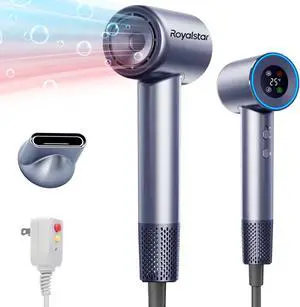 Hair Dryer, 180000 RPM Professional High Speed Blow Dryer Negative Ionic Care Hair Dryer for Fast Drying, Low Noise, HD Display Hairdryer for Curly Straightener, Thermo-Control Hairdryer with Nozzle