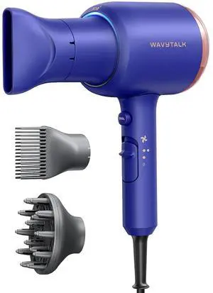 Wavytalk Hair Dryer with Diffuser, Blown Away Ionic Hair Dryer for Curly Hair, 1875W Fast Drying Blow Dryer with Ceramic Technology, 3 Attachments for All Hair Types, Light and Quiet, Sapphire Blue