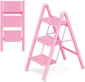 3 Step Ladder, Foldable Step Stool with Widened Pedal, Pink 3 Step Ladder, Foldable Step Stool with Widened Pedal, Pink