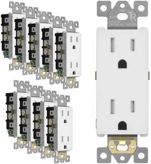 LIDER Decorator Receptacle, Residential Grade, UL Listed, Tamper-Resistant Wall Outlet, Electrical Outlet, Self-Grounding, 15A 125V, UL Listed, White, 10 Pack