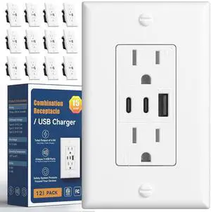 Amico 6.0A USB Outlet 12 Pack, 3-Port 30W Wall Outlets with 2 Type C & 1 Type A, 15 Amp Receptacle Plug, Tamper Resistant Receptacle, Wall Plate Included, ETL Listed, White