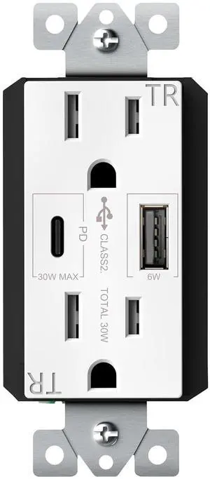 TOPGREENER USB Outlet, USB Type C Wall Outlet with 36W  , 15A Duplex Tamper-Resistant Receptacle, USB C Outlet for Smartphones, Tablets, Laptops, TU215PD30AC-W, White