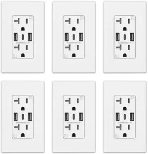 ELEGRP USB Wall Outlet, 3-Port Dual Type C and Type A, 20 Amp, Receptacle for iPhone, iPad, Samsung, Google, LG, HTC, Android Devices and More, UL Listed, w/Wall Plate, 6 Pack, White
