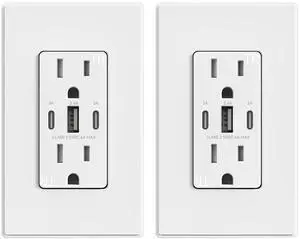 ELEGRP USB Outlets, 30W 6.0 Amp USB C Outlets Receptacles, 3-Port USB Wall Outlet, 15 Amp Tamper-Resistant Outlet with 2 USB C Ports, UL Listed, Screwless Wall Plate Included, 2 Pack, Matte White