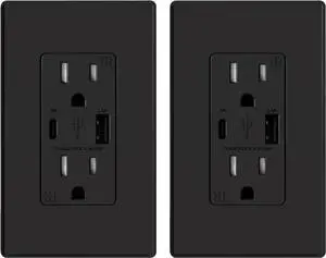 ELEGRP USB Charger Wall Outlet, USB Receptacle with Type A & Type C USB Ports, 15 Amp Duplex Tamper Resistant Receptacle Plug NEMA 5-15R, Wall Plate Included, UL Listed (2 Pack, Matte Black)