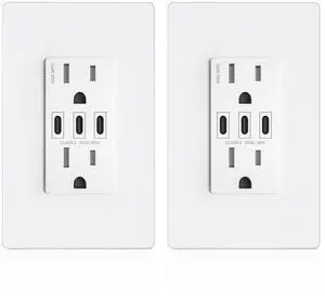 GaN 30W 6Amp 3-Port USB Wall Outlet, 15 Amp Tamper-Resistant Receptacle with 3 USB Type C Port, USB Charger for iPhone/iPad/Samsung/LG/HTC, UL Listed - 2 Pack