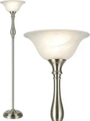 LIGHTACCENTS Floor Lamp, 72-Inch Standing Lamp with Brushed Nickel Finish and White Alabaster Glass Shade  Torchiere Pole Lamp for Living Room, Bedroom, or Corner Lighting