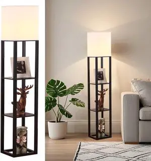 HomeFocus - Floor Lamp with Shelves,Shelf Floor Lamp with LED Bulb,Bookshelf Corner Display Lamp for Living Room,Bedroom and Office,White Linen Shade,Rustic Wood,Black