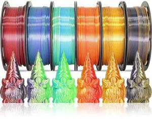 MIKA3D 6 Spools Bicolor Dual Color 1.75mm 3D Printer Filament Bundle, 3D Printing Silk PLA, Silk Black-Red/Purple-Green/Blue-Green/Red-Gold/Gold-Copper/Black-Orange, 3D Printing PLA 250g X 6 Spools