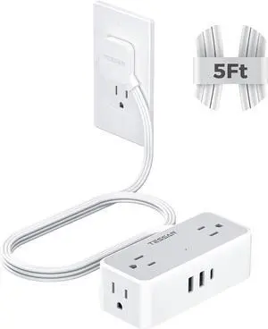 Flat Plug Extension Cord 5 FT, TESSAN Surge Protector Power Strip with 4 AC Outlets 1 USB C and 2 USB A Ports, 900 Joules Protection, Multiple Wall Outlet Extender Suitable for Home Office Dorm