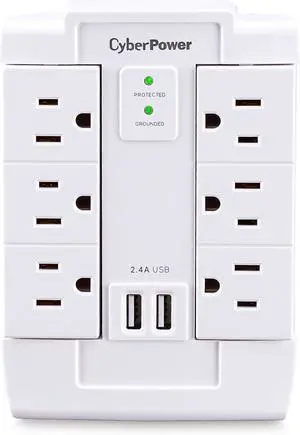 CyberPower CSP600WSURC2 Surge Protector, 1200J/125V, 6 Swivel Outlets, 2 USB Charging Ports, Wall Tap Design, White