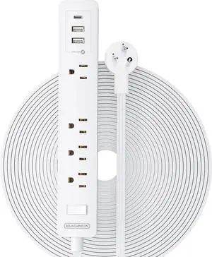NTONPOWER Long Extension Cord 25 Ft, Flat Extension Cord Under Carpet, Power Strip Long Cord, Wall Mount Power Strip with 4 Outlets 2 USB A + USB C, Overload Protection for Indoor, Home, Dorm, Office